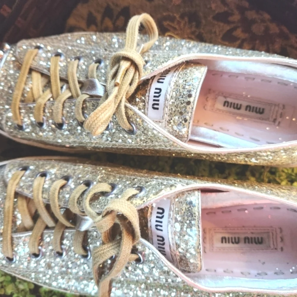MIU MIU Gold Glitter Sparkle Silver Studs Toe Lace Up Flat Luxury Sneakers 40 - Picture 5 of 16